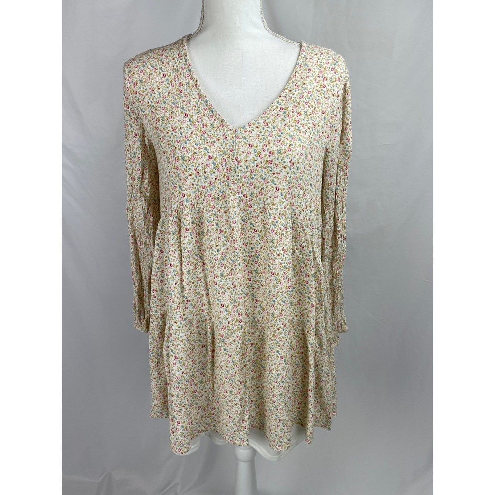 Altar'd State Babydoll Dress SMALL Cream Floral Long Sleeve Boho Peasant Mini